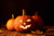 Witchy Halloween, pumpkins on a wooden surface.
