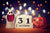 Halloween celebrations, calender date near ceramic ghost and pumpkin.